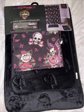 Ed Hardy 15pc Shower Curtain Set Black & Pink Tiger Burning Heart Skull & 2 Rugs
